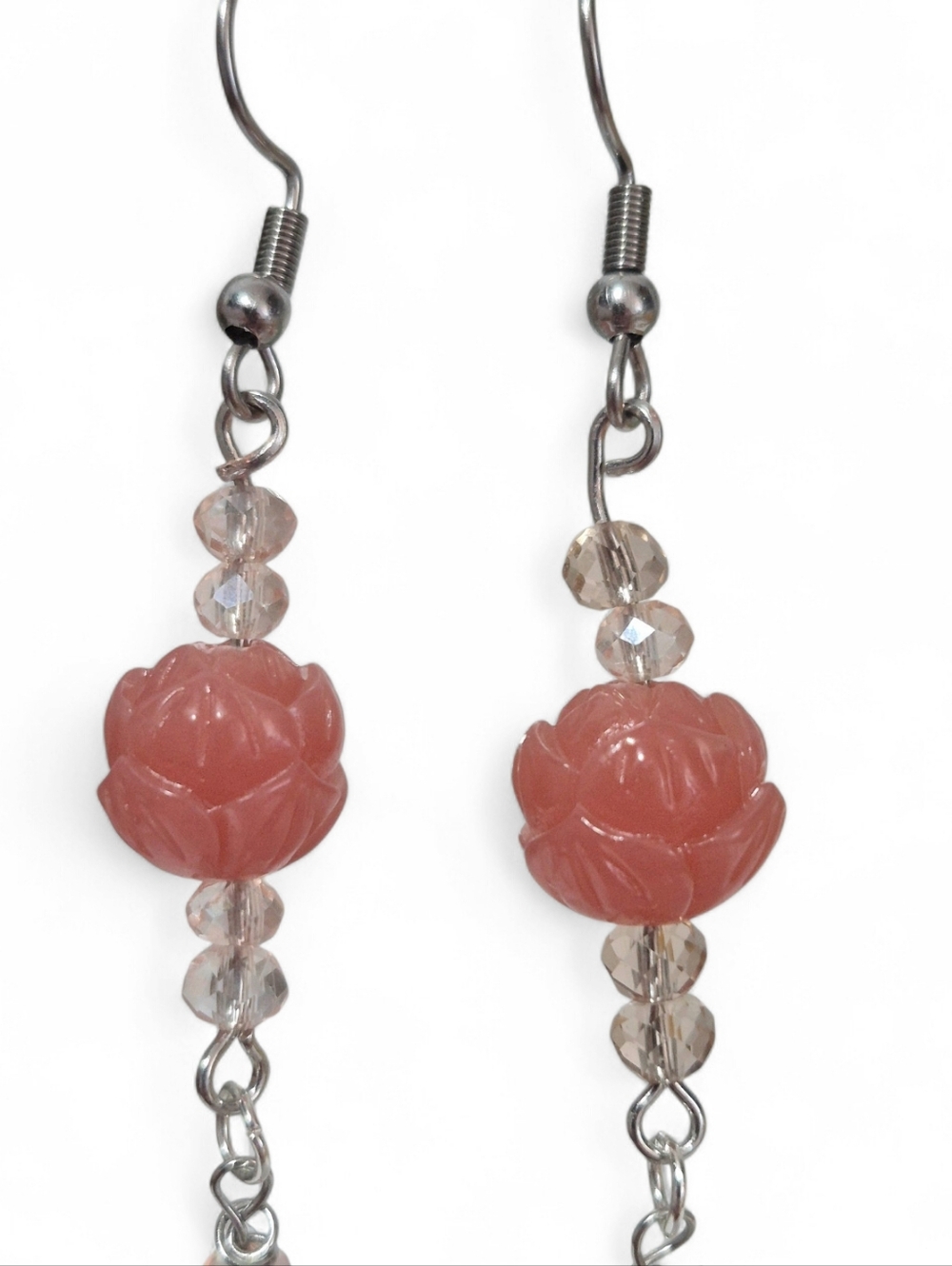 Hanfcrafted Pink Lotus Flower And Glass Bead Dangle Earrings - Picture 3 of 4